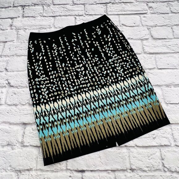Ann Taylor Pencil Skirt Women's 4 Petite Black Blue‎ Abstract Print Lined Mini - Picture 1 of 10